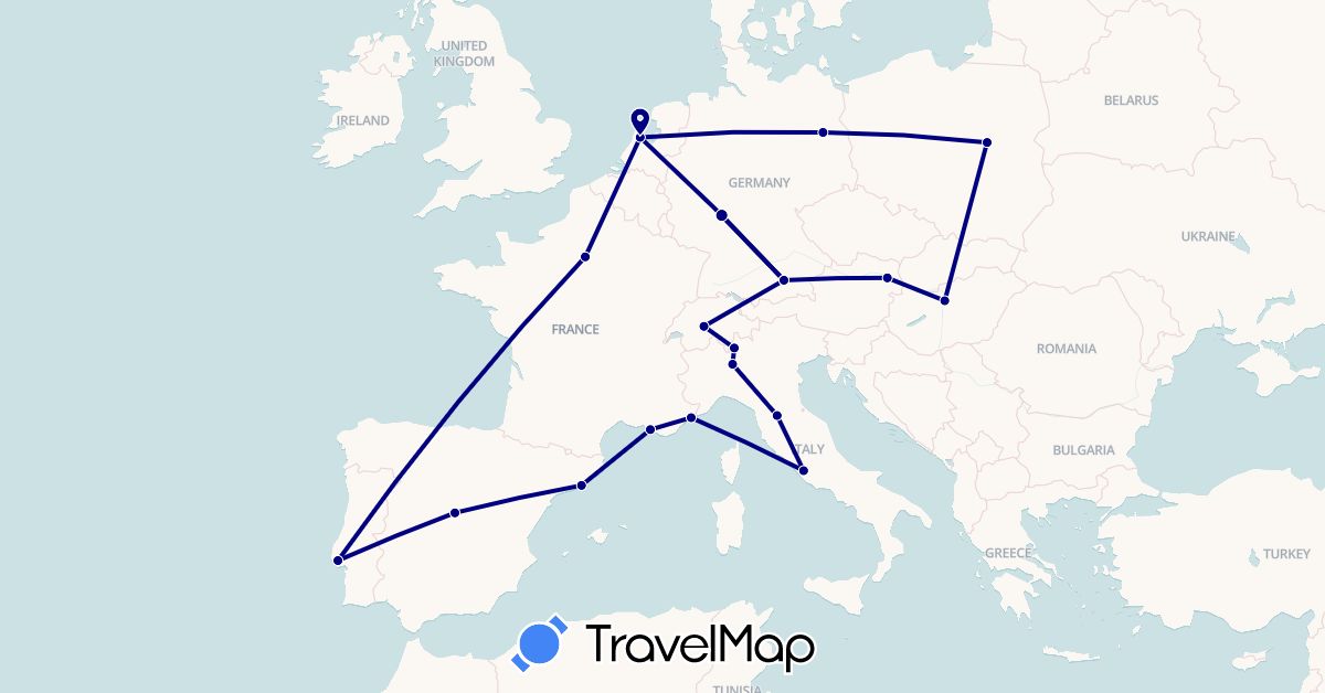 TravelMap itinerary: driving in Austria, Switzerland, Germany, Spain, France, Hungary, Italy, Netherlands, Poland, Portugal (Europe)