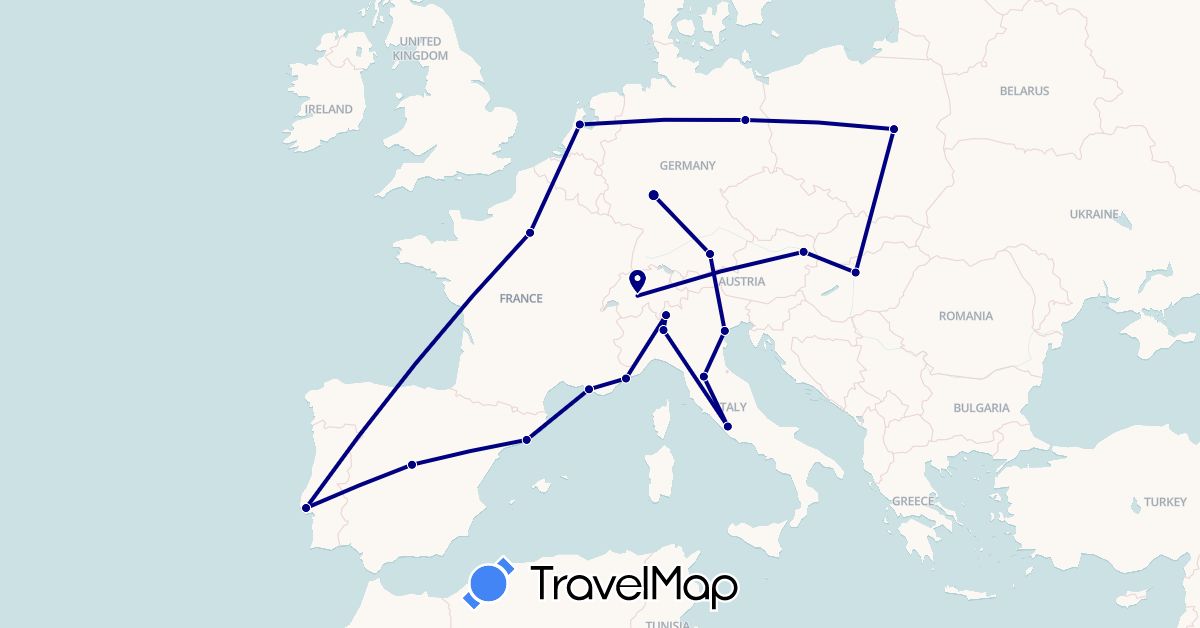 TravelMap itinerary: driving in Austria, Switzerland, Germany, Spain, France, Hungary, Italy, Netherlands, Poland, Portugal (Europe)